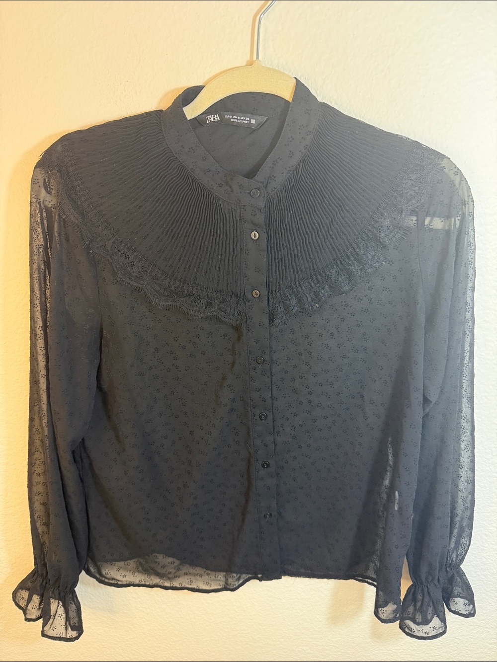 ZARA Black Sheer Pintuck Yoke Button-Down Blouse